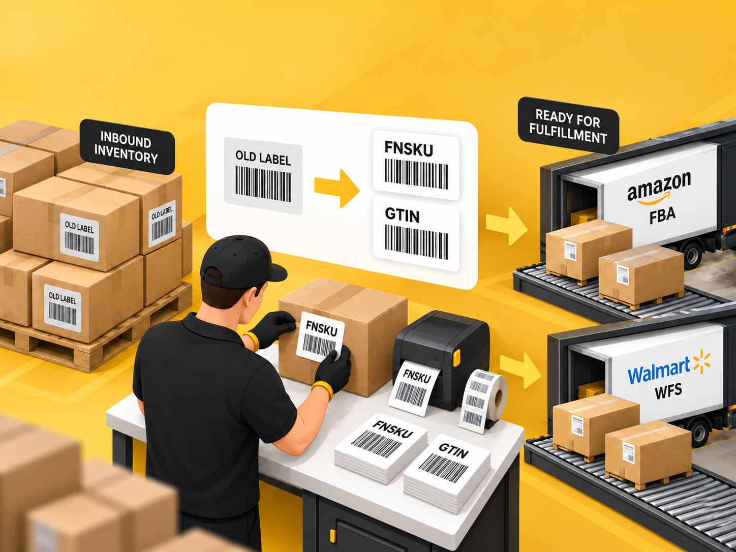 Relabeling inbound inventory for fulfillment
